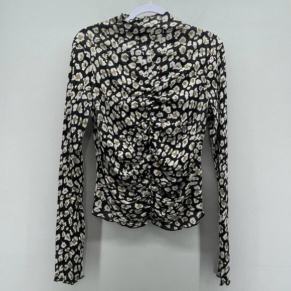 Free People Mock Neck Scrunch Front Black Tan Leopard Print Mesh Long Sleeve Top - Picture 1 of 6
